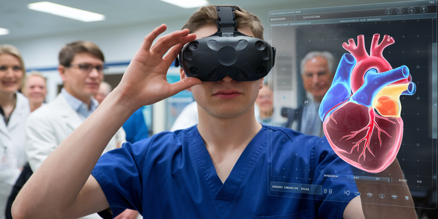 Estudante de medicina utilizando óculos de realidade virtual para simulação de procedimentos cirúrgicos/Cortesia Editorial Ideia