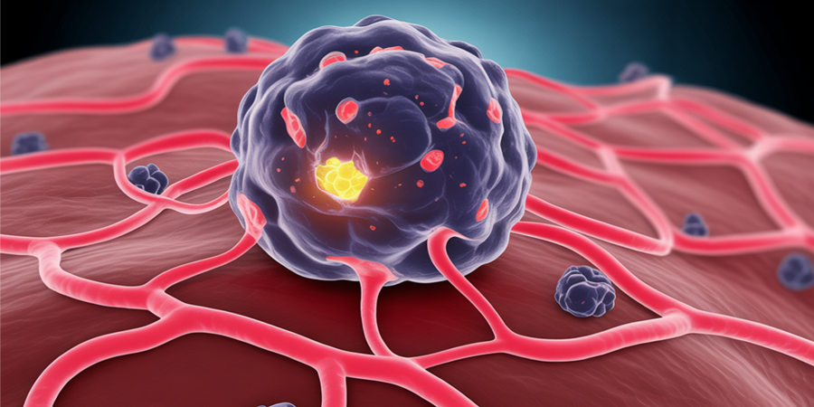 Imagem ilustrativa: célula cancerígena em crescimento, alimentada por glicose e vasos formados por angiogênese. Representação dos mecanismos de sobrevivência do tumor. / Ilustração Cortesia Editorial Ideia