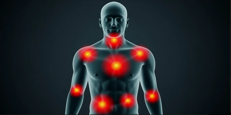 Ilustração mostrando as áreas do corpo onde a dor do infarto pode se manifestar além do peito