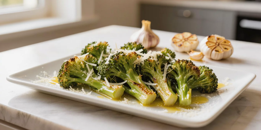 Brócolis dourado e macio envolto em um creme de alho assado: conforto e saúde em um só prato.